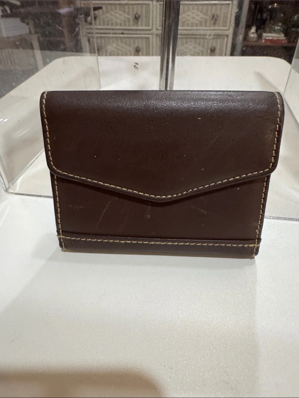Buxton Dark Brown Leather Fold Wallet with Contrast Stitching